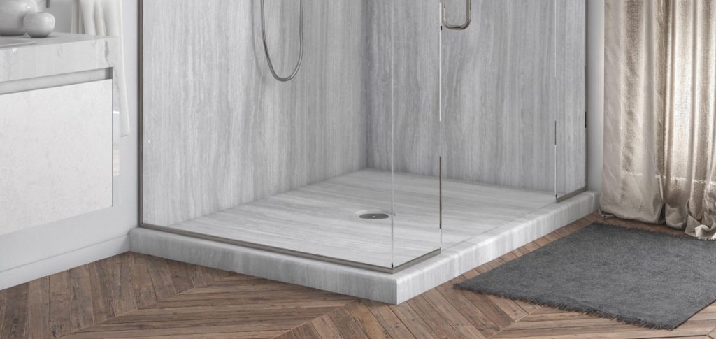 An acrylic shower base from Just Bath. 